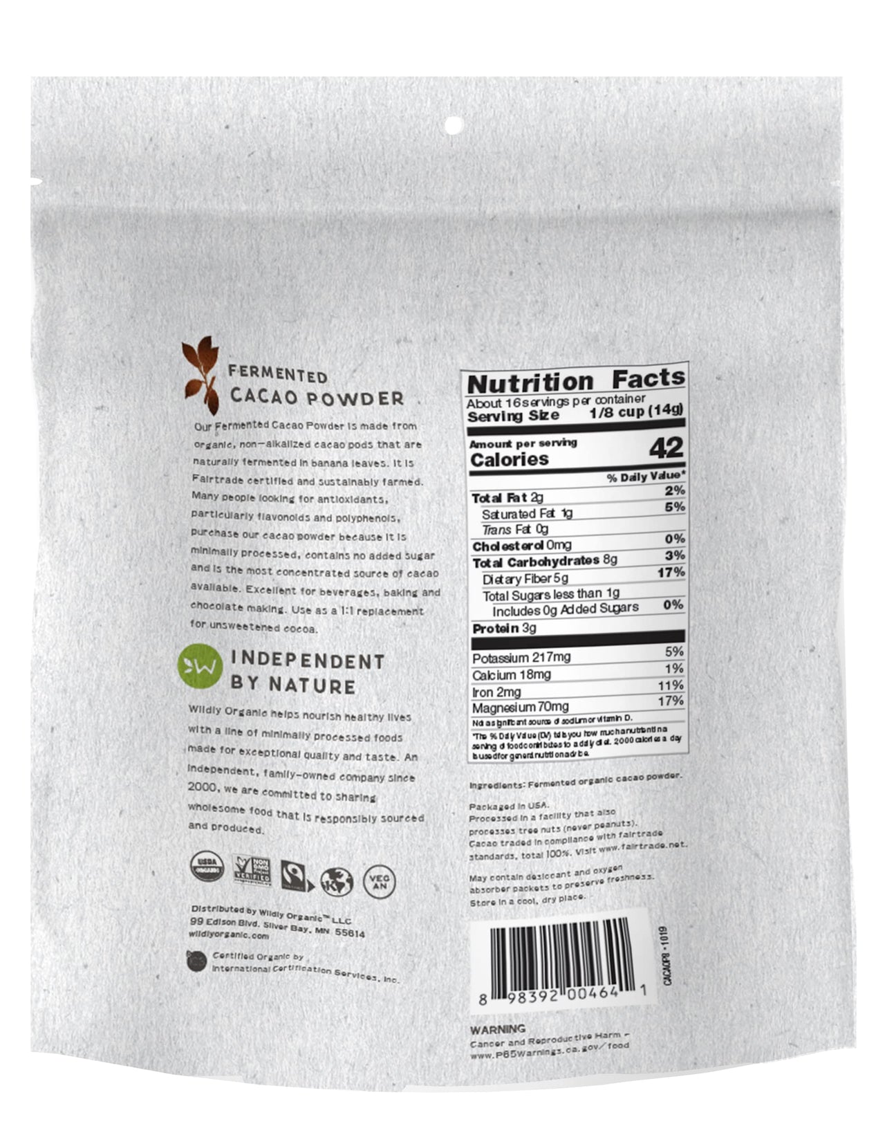 Wildly Organic Fermented Cacao Powder 8 Oz Bag - Organic, Non-Alkalized, Minimally Processed, Raw, Fair Trade, Non-GMO, Kosher, Vegan, Premium Rich Chocolate Flavor - Perfect for Skin, Smoothies, Yogurt, Oatmeal, Chocolate, Fudge, Baking, & Hot Cocoa