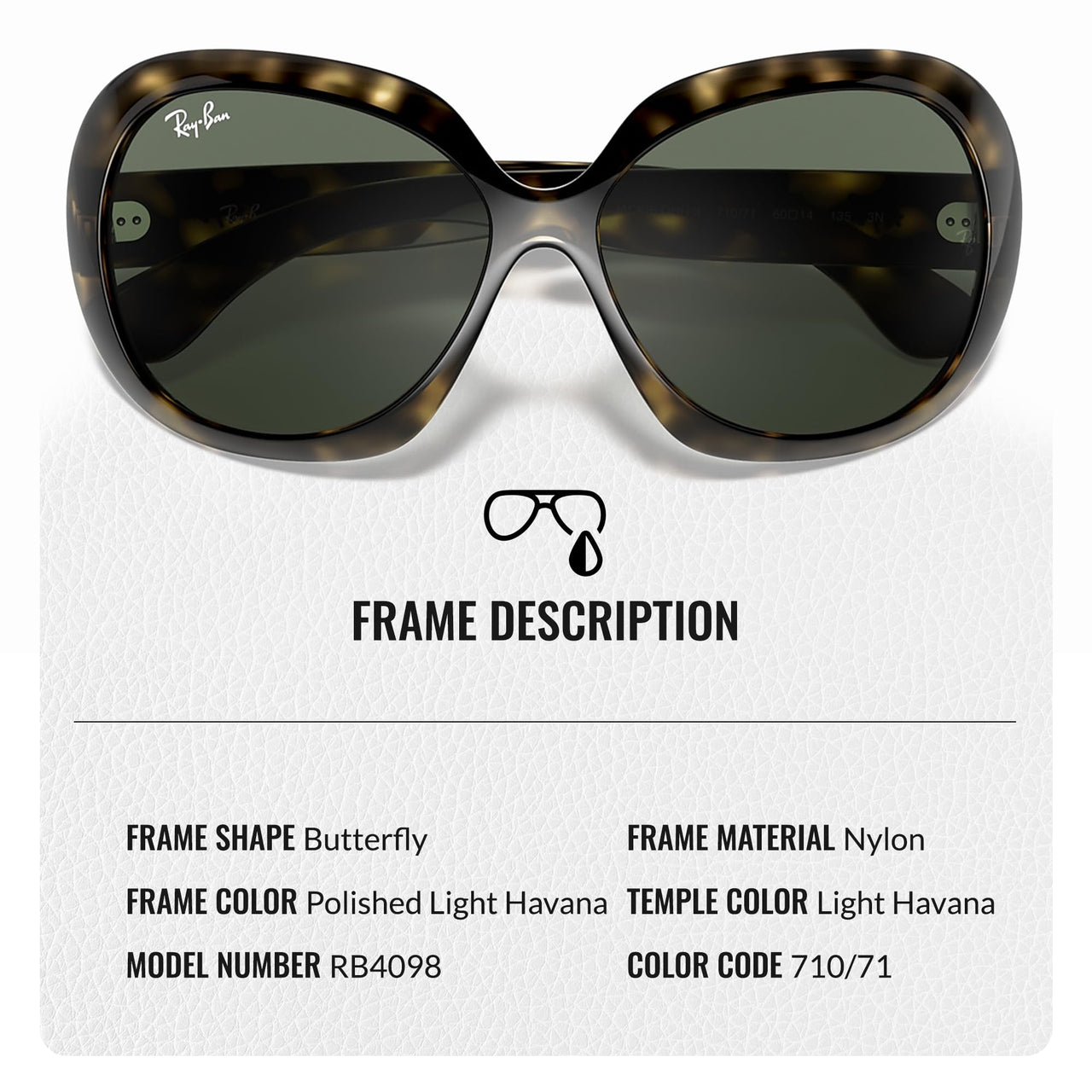 Ray-Ban RB4098 JACKIE OHH II Butterfly Shaped Non-Polarized Sunglasses for Women – Includes Official RAYBAN Eyewear Kit – Ideal Formal & Casual Wear Sunglasses – Green Classic Lens