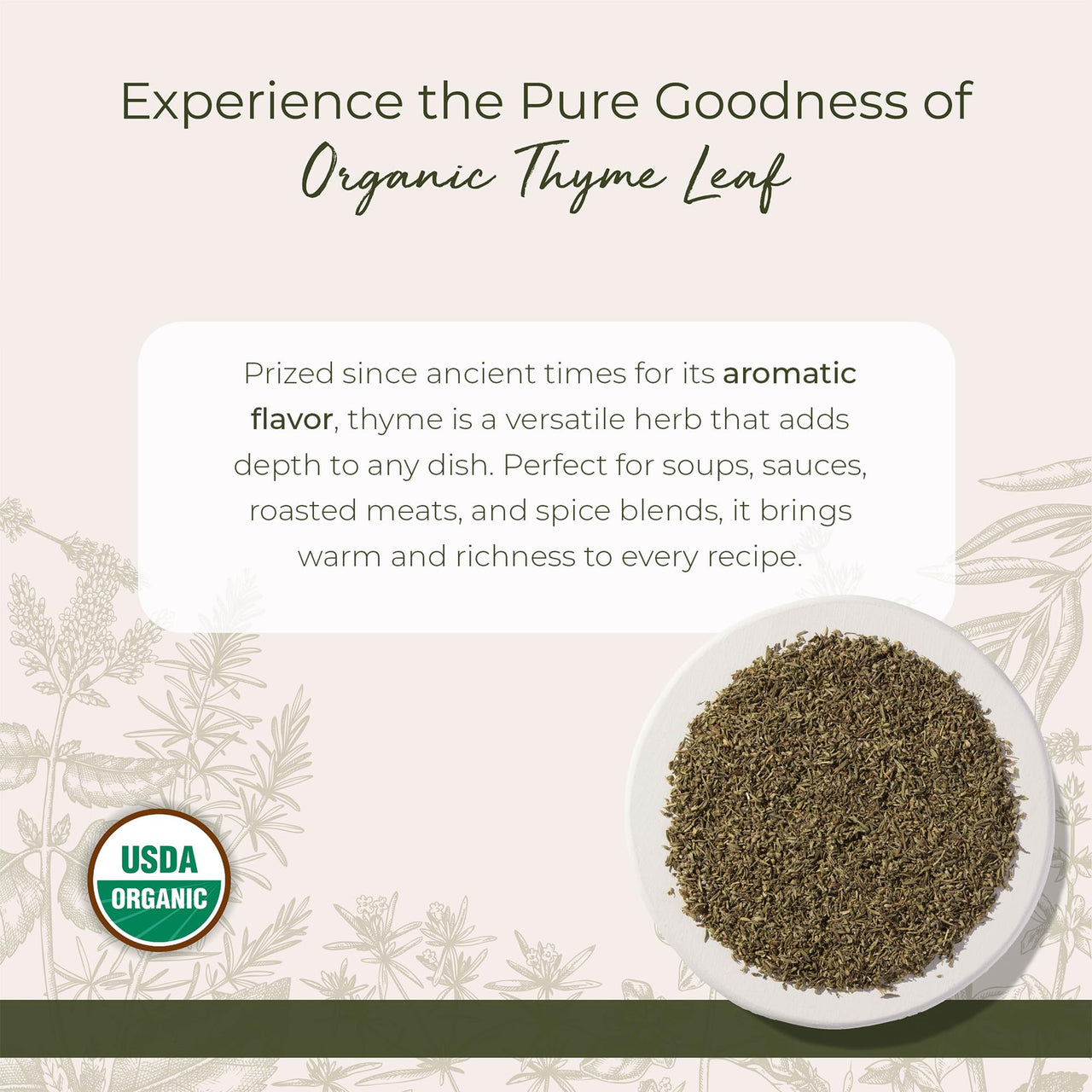 Starwest Botanicals Organic Dried Thyme Leaves - Seasoning Spice for Cooking, Loose Leaf Herb for Tea, Cut & Sifted, Certified Kosher, Non-GMO - Bulk 1 lb Bag