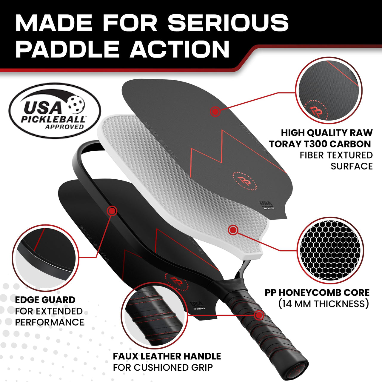 Precision Pro Premium Carbon Fiber Pickleball Paddle- 14mm Pickleball Paddles Set of 2 w/Unique Design Handles & Indoor Outdoor Pickleball Balls - Comfortable Pickleball Paddle Grip, USA Approved