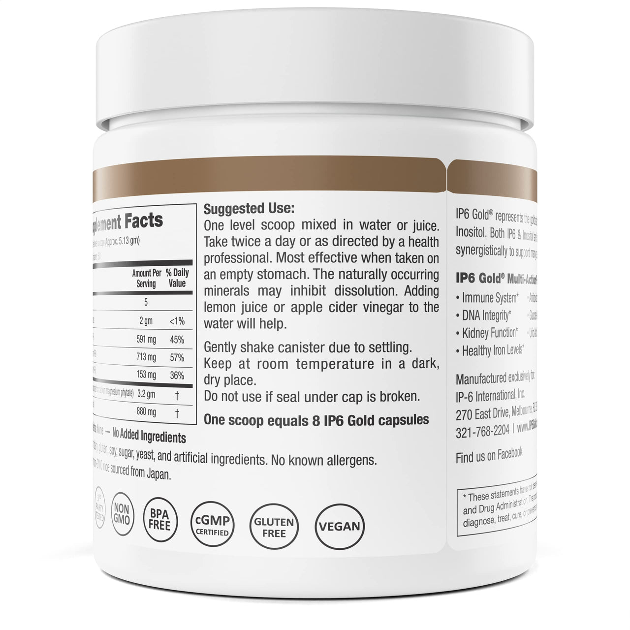 IP6 Gold, IP-6 & Myo-Inositol, Unflavored Powder 308 gm - Inositol Hexaphosphate Supplement - Vegan, Non GMO, Gluten Free