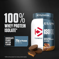 Thumbnail for Dymatize ISO100 Whey Protein Powder Isolate, Chocolate Peanut Butter, 25g of Protein, 20 Servings, 5.5g BCAAs, Less Than 120 Cal., Gluten Free, 1g Fat, 1g Sugar, 2g Carb
