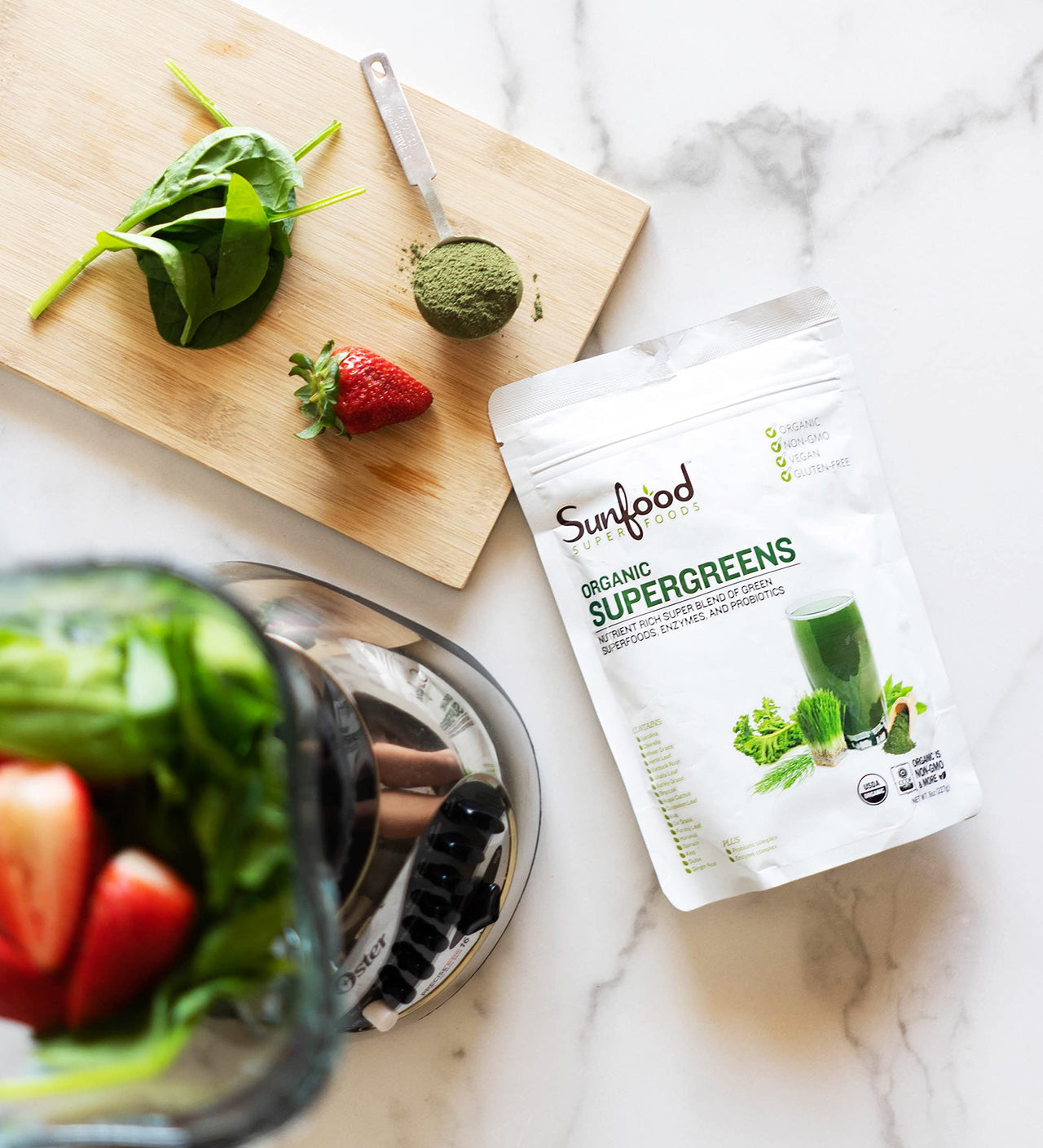 Sunfood Supergreens - Greens Superfood Powder, Super Greens Powder, Organic Greens Blend, Daily Green Juice Powder, Vegetable Smoothie Drink Mix for Gut Health with Chlorella & Spirulina - 8 oz Bag