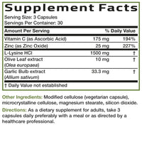 Thumbnail for Bronson L-Lysine Defense Immune Support Complex 1500 MG L-Lysine Plus Olive Leaf, Garlic, Vitamin C and Zinc - Non-GMO, 90 Vegetarian Capsules