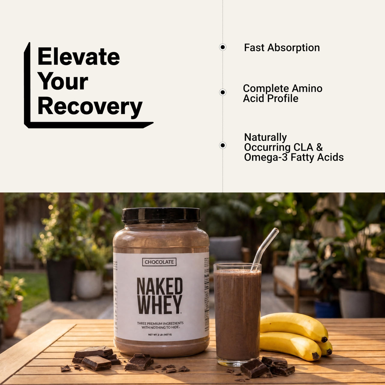 NAKED Whey Chocolate Protein Powder - Only 3 Ingredients - Grass Fed Whey Protein Powder, Organic Chocolate and Organic Coconut Sugar, NSF Certified, No GMO, No Soy, and Gluten Free - 24 Servings