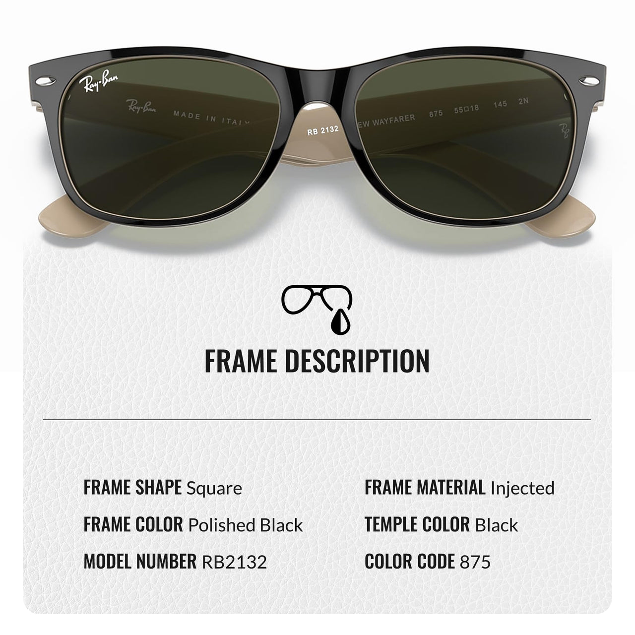 Ray-Ban RB2132 NEW WAYFARER COLOR MIX Square Shaped Non-Polarized Sunglasses for Men & Women – Includes Official RAYBAN Eyewear Kit – Ideal Formal & Casual Wear Sunglasses – G-15 Green Lens