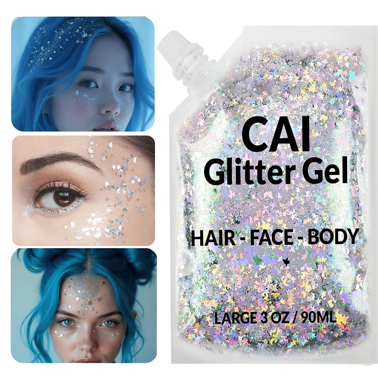 Face, Body & Hair Glitter Gel – Rave Glitter for Kids and Women – 3 Oz Cosmetic-Grade Gel w/Moon & Stars for Festivals & Halloween Party, Easy Apply & Wash Off - Silver 1Pack