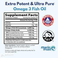 Thumbnail for Arazo Nutrition Wild Caught Omega-3 Fish Oil Concentrate – 4,080mg per Serving – High EPA 1200mg & DHA 900mg – 120 Burpless Lemon Softgels