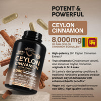 Thumbnail for Ceylon Cinnamon Capsules - Extra Strength - Energy Heart & Metabolism Support for Men & Women - Pure Natural Cinnamon 20:1 Extract Supplement - GMO & Gluten Free - Made in USA - 60 Capsules 2 Month