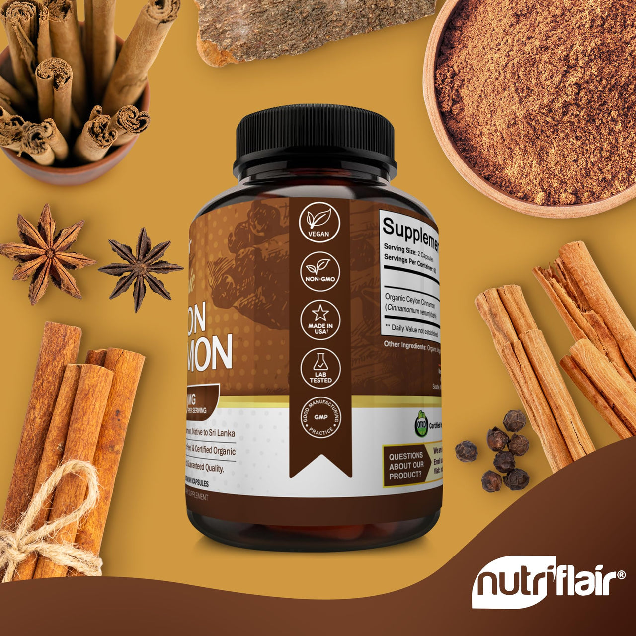 NutriFlair Organic Ceylon Cinnamon Supplement 1200mg, 120 Capsules - USDA Certified - Non-GMO, Gluten Free Powder, Antioxidant Pills