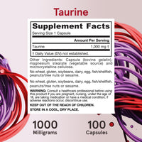Thumbnail for Jarrow Formulas® Taurine 1000 mg, Dietary Supplement, Amino Acid Supplement for Brain Health Support, 100 Capsules, 100 Day Supply