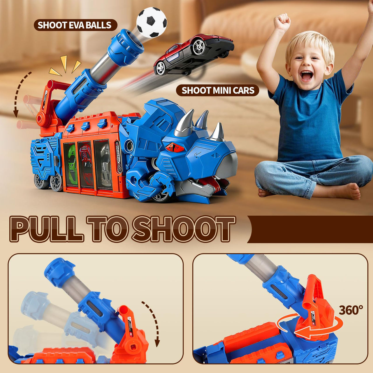 STBEIMEIMY Triceratops Dinosaur Truck, Foldable Storage & Shooting with 10 Cars Foldable Storage Holds 10 Cars & 12 Soft Balls, Sturdy Non-Toxic Build, Indoor & Outdoor Play