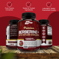 Thumbnail for NutriFlair Premium Berberine HCL 1200mg, 120 Capsules - Plus Pure True Ceylon Cinnamon, Berberine HCI Root Supplements Pills - Immune System - yields an Optimal 8% HCl