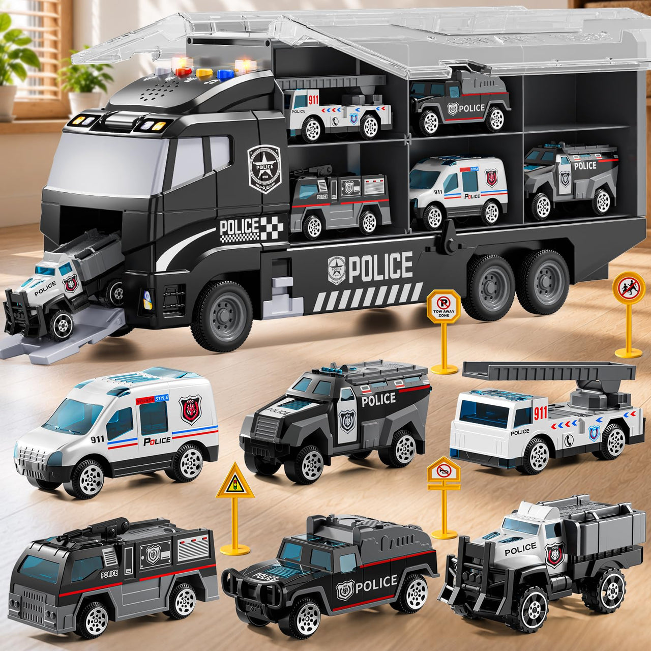 XINNOVEL Carrier Truck Toddlers Toys for 3 4 5 6 7 Years Old Boys, Toy Truck Transport Car & Die-Cast Car and Play Mat, Police Car Toys Birthday Gifts for Kids 3 4 5 6 7 8+ Years Old Boys Girls