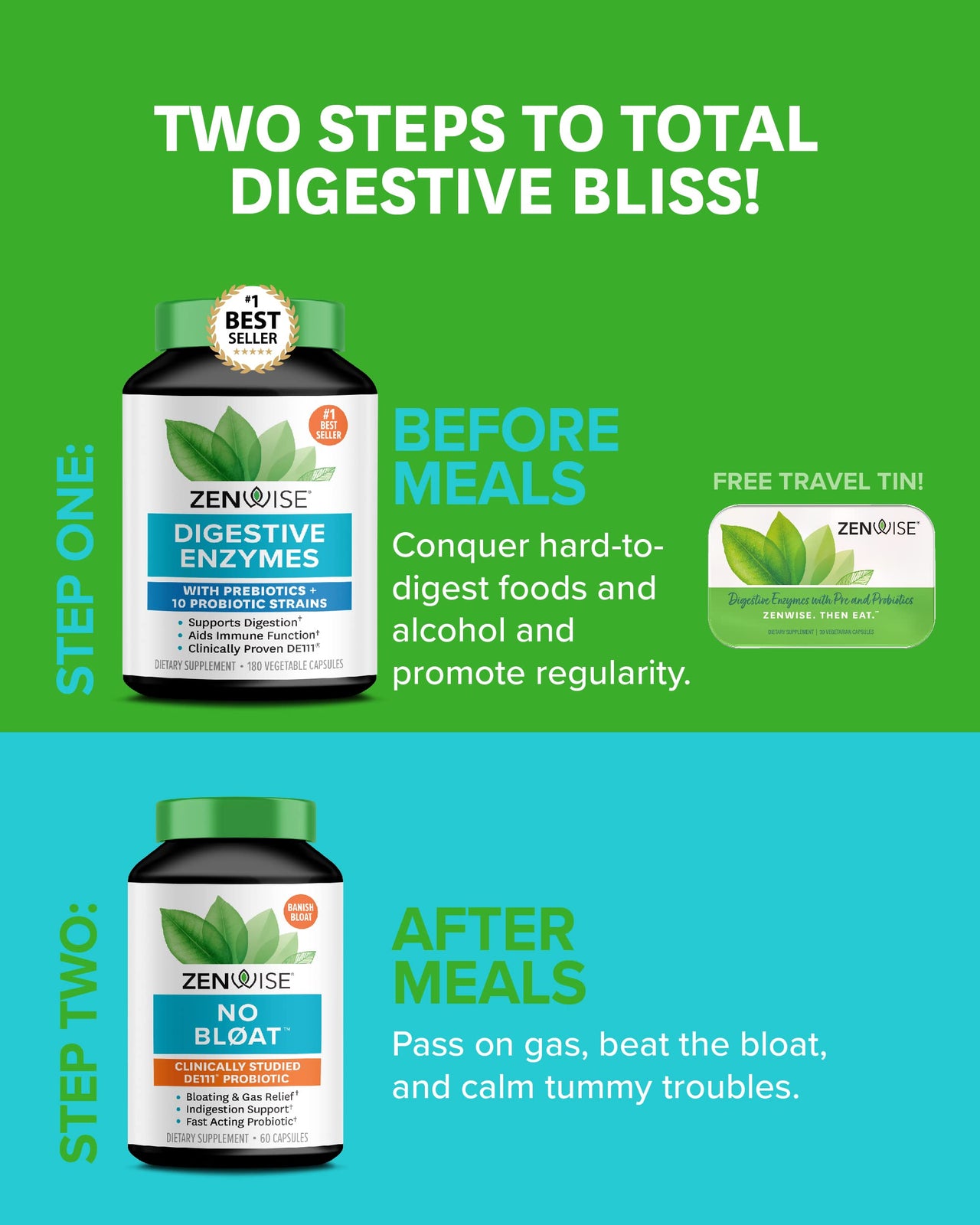 Zenwise Health Digestive Enzymes, No Bloat, and Free Travel Tin with Probiotics for Digestive and Gut Health | Bloating Relief for Women and Men