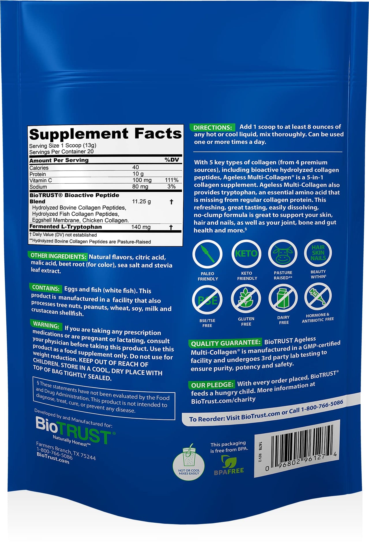BioTrust Ageless Multi Collagen 5-in-1 Protein Powder (Fruit Punch) BlenderBottle Bundle