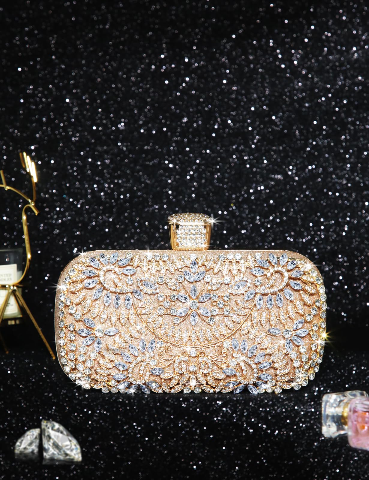 Covelin Women's Rhinestone Decorated Evening Bag, Tote Shoulder Crossbody Handbag with Chain Champagne