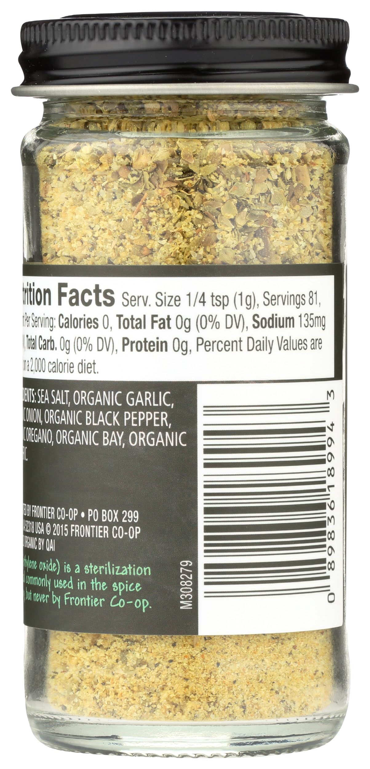 Frontier Co-op Organic Adobo Seasoning, Sea Salt with Organic Garlic, Onion, Black Pepper, Oregano, Bay Leaf, Turmeric | 2.86 Ounce (Pack of 1)