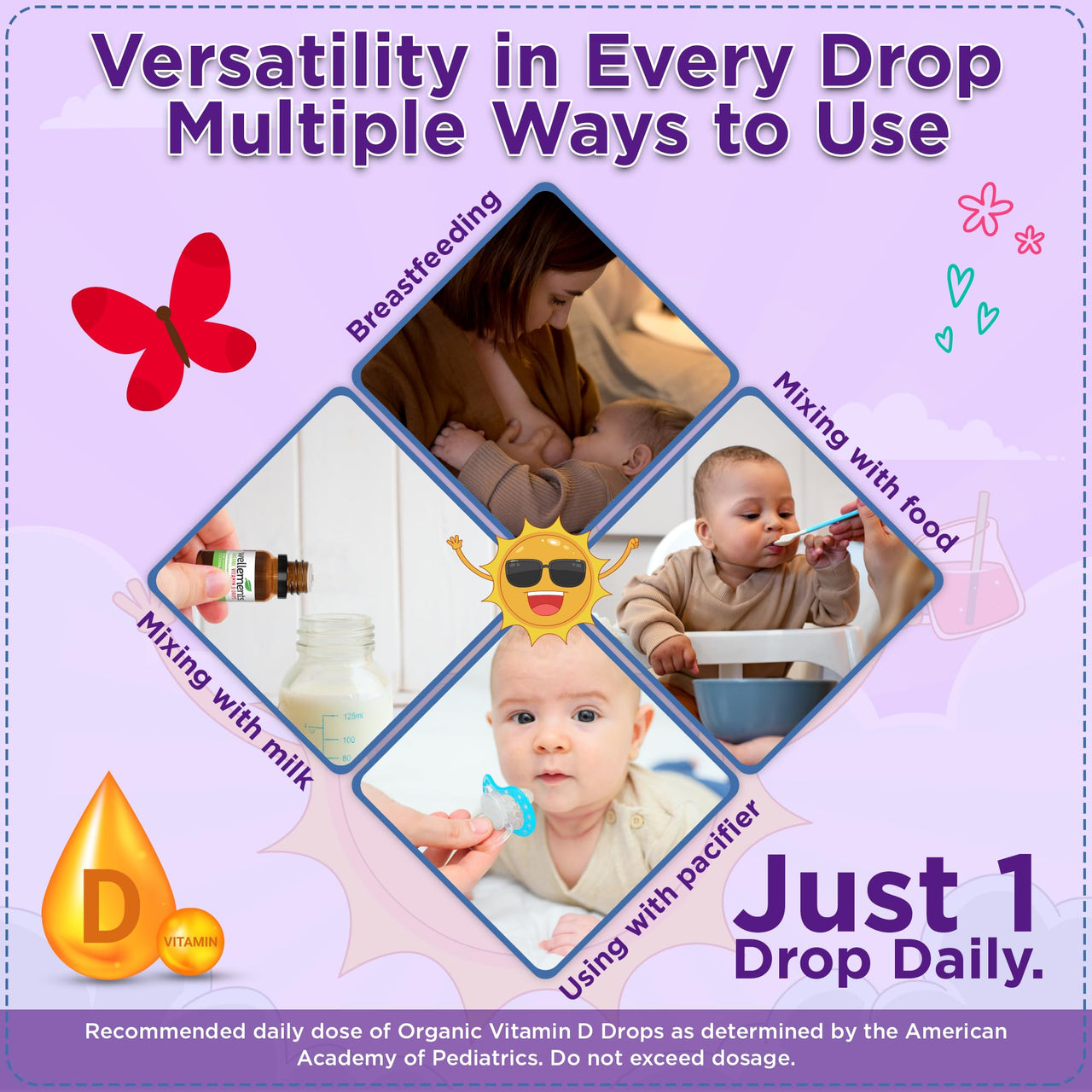 Wellements Baby Organic Vitamin D Drops for Infants & Toddlers (90-Day Supply) - Certified Newborn+ Liquid Vitamin D3 Drops, Support Healthy Growth & Bone Development 400 IU per Drop (1 Drop Daily)