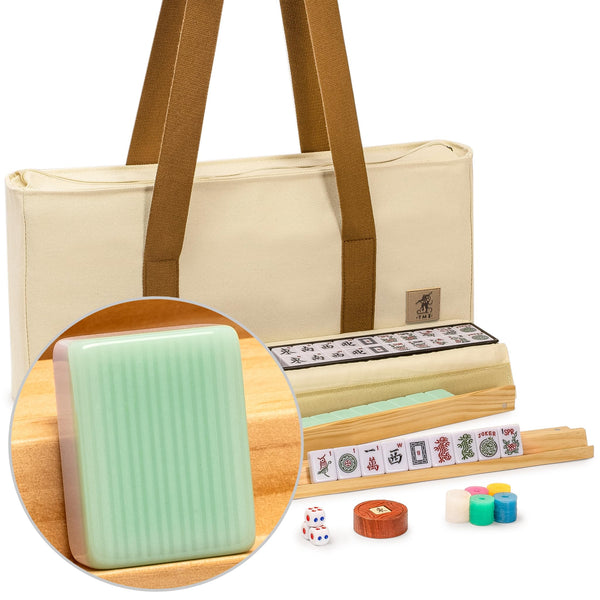 Yellow Mountain Imports American Mahjong Set, “Jade Horizon” – 166 Tiles with Wooden Racks & Pushers, Wright Patterson Scoring Coins, Dice, Wind Indicator, and Soft Beige Case