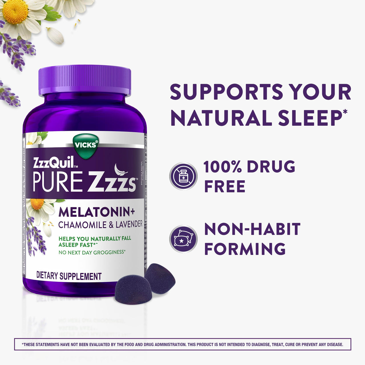 ZzzQuil PURE Zzzs Melatonin Gummies, Sleep Aid, Melatonin 2mg, with Chamomile & Lavender, Melatonin Sleep Gummies, Sleep Aids for Adults, Wildberry Vanilla Flavored, 72 Sleep Gummies