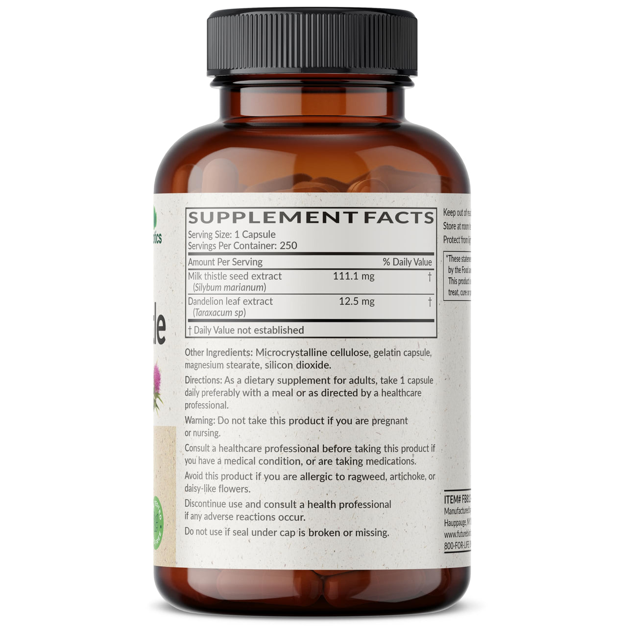 Futurebiotics Milk Thistle Silymarin Marianum & Dandelion Extract Liver Health Support, Antioxidant Support, Detox, 250 Capsules