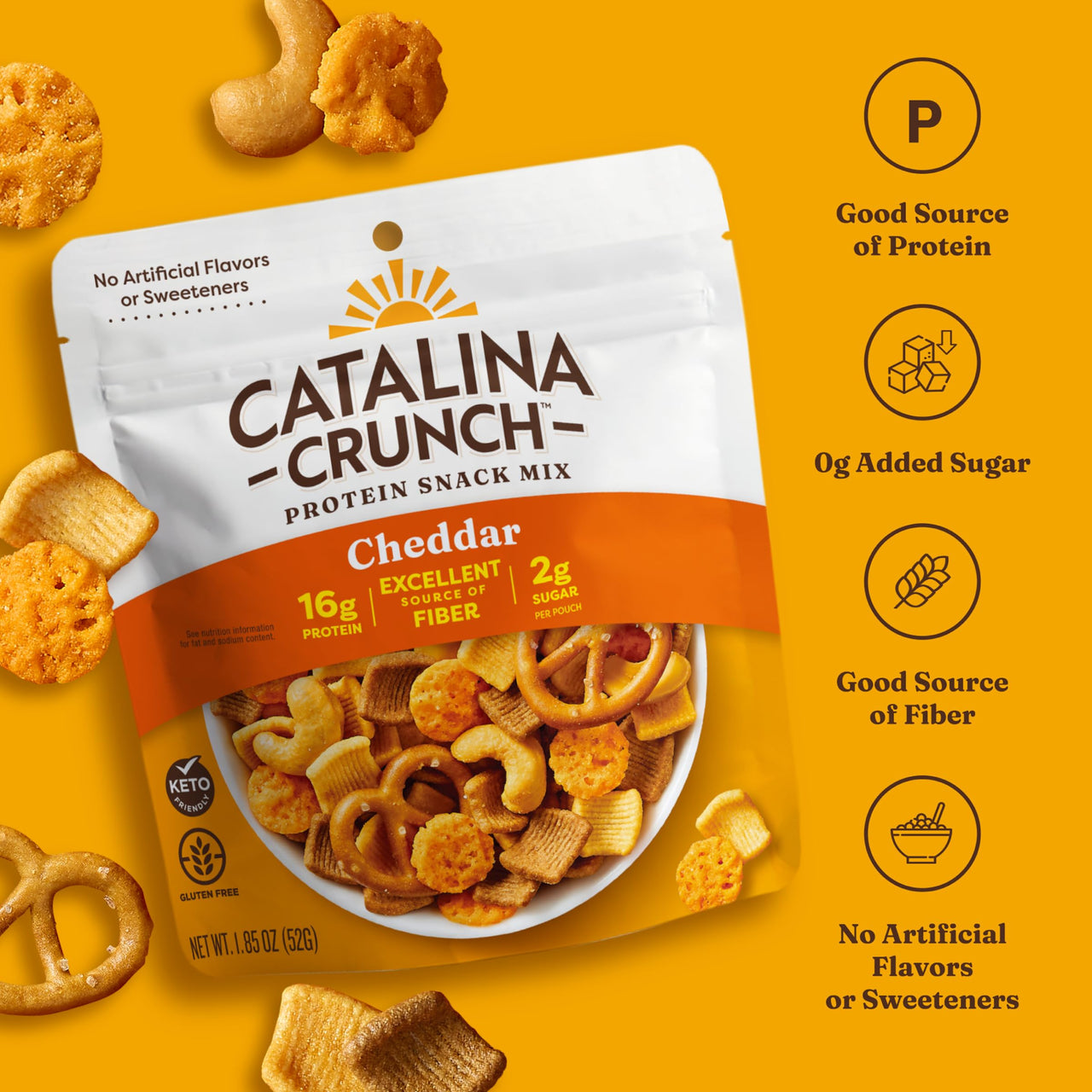 Catalina Crunch Protein Grab & Go Snack Mix with Cheese Crisps | 16g Protein, 2g Sugar per Pouch | Good Source of Fiber, Keto, Gluten Free | Cheddar, 1.85 oz (Pack of 12)