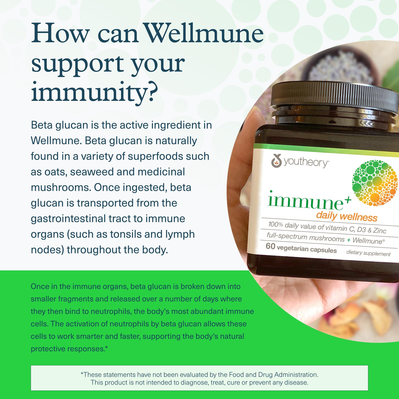 Youtheory Immune+ Daily Wellness - Vegetarian Immune Support Supplement with Vitamin C, Vitamin D3 & Zinc* - Mushroom Supplement with Turkey Tail, Cordyceps & Reishi - 60 Vegetarian Caps