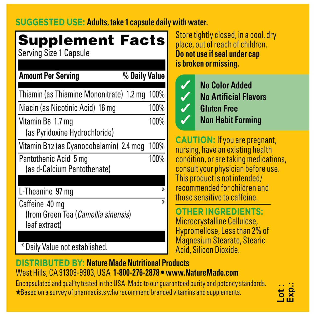 Nature Made Focus Boost Capsules, Green Tea Caffeine + L Theanine, B Vitamins, Fast Acting Focus Supplement, 30 Capsules, 30 Day Supply