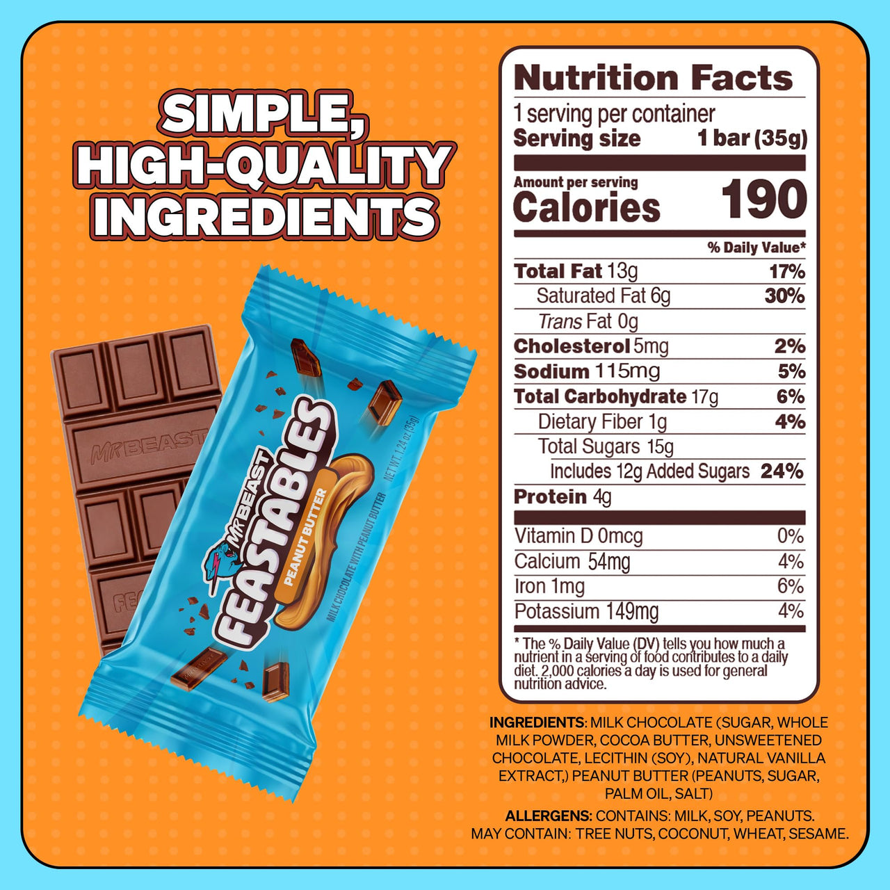 MrBeast Feastables Peanut Butter Milk Chocolate Bar, Full Size, 24 Count, Creamy Peanut Butter Filled Chocolate Candy, Fairtrade Cocoa, 1.24oz Each