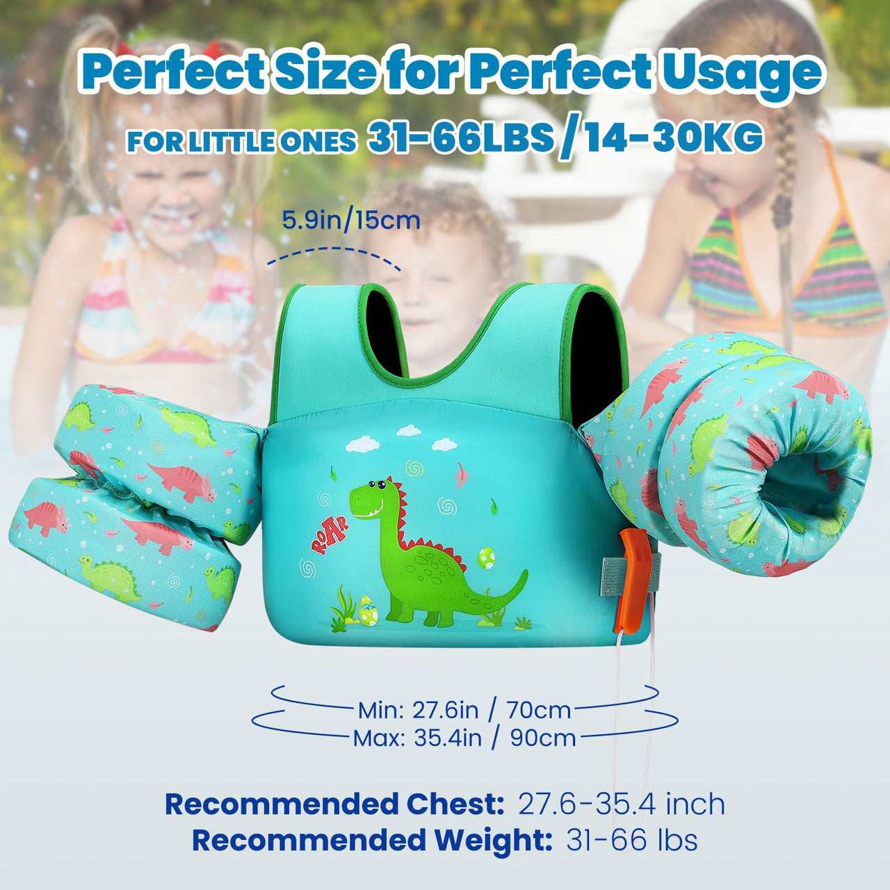 HeySplash Swim Vest for Kids, Toddler Pool Floaties Fit 31-66 Lbs, Children Swimming Vest with Adjustable Strap, Swim Jacket Water Wing Arm Float, Puddle Beach Boat Jumper Boy Girl Age 2-7,Dinosaur