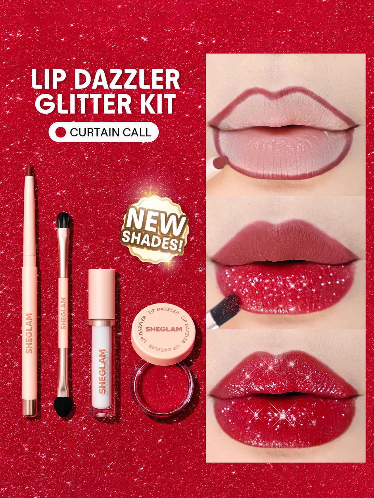 SHEGLAM Lip Dazzler Glitter Kit Long-Lasting Glitter Lip Gloss Sexy Super Stay Non-Sticky Shiny Liquid Kit Lipstick Y2K-Curtain Call
