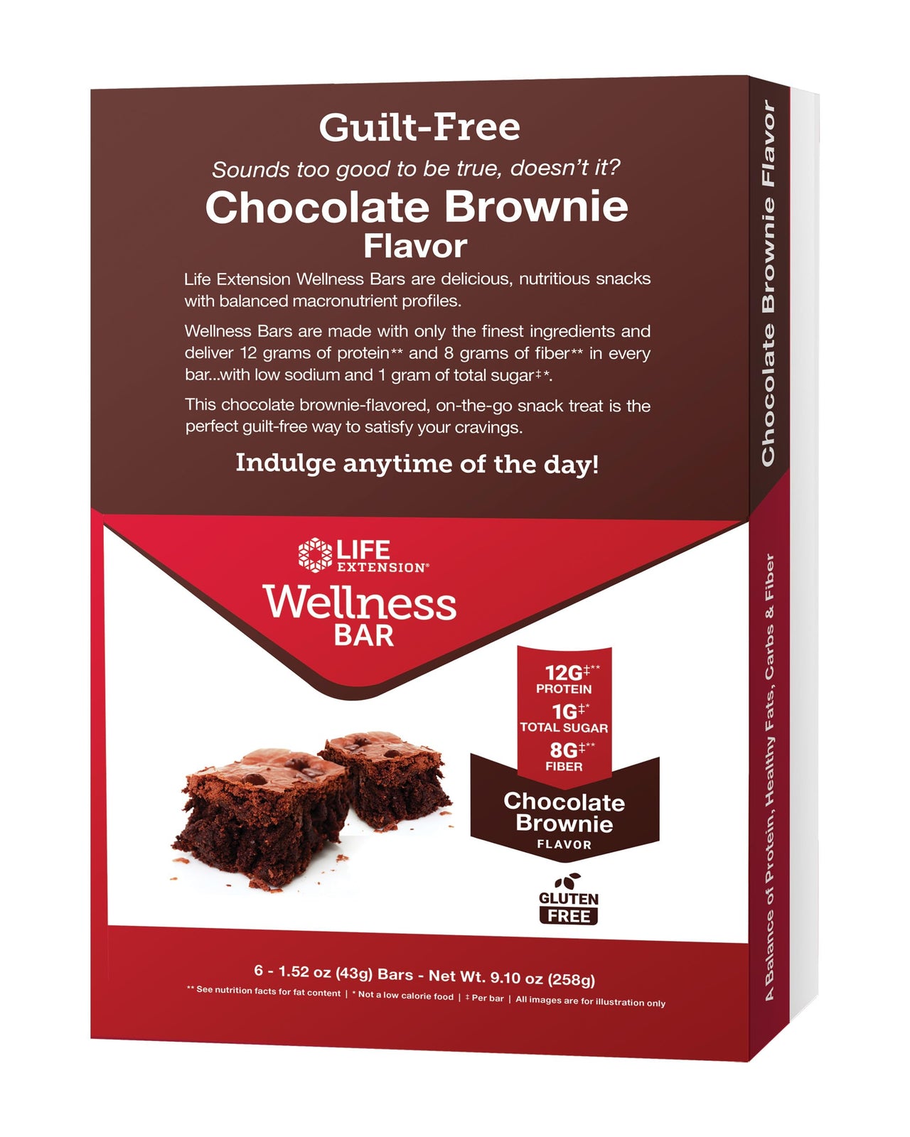 Life Extension Wellness Bar (Chocolate Brownie), 12 g of protein, 8 g of fiber, chocolate brownie flavor, 100% cacao chips, protein-rich, on-the-go snack, only 1 g of sugar, 6 bars