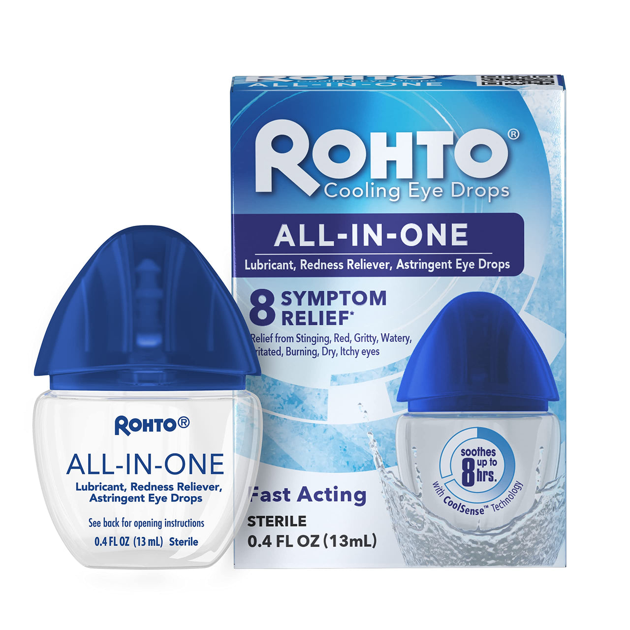 Rohto All-in-One Multi-Symptom Eye Drops, CoolSense™ Technology Relieves Irritation from Red, Dry, Itchy, Burning, Gritty, and Watery Eyes, 0.4 fl oz, 3 Count