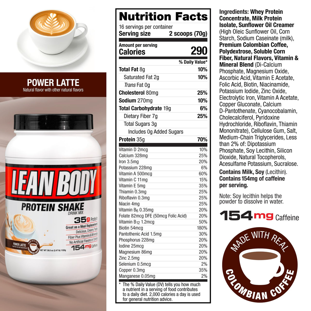 Labrada Lean Body MRP with Premium Columbia Coffee (154mg of Caffeine), Power Latte, 2.47LB Tub