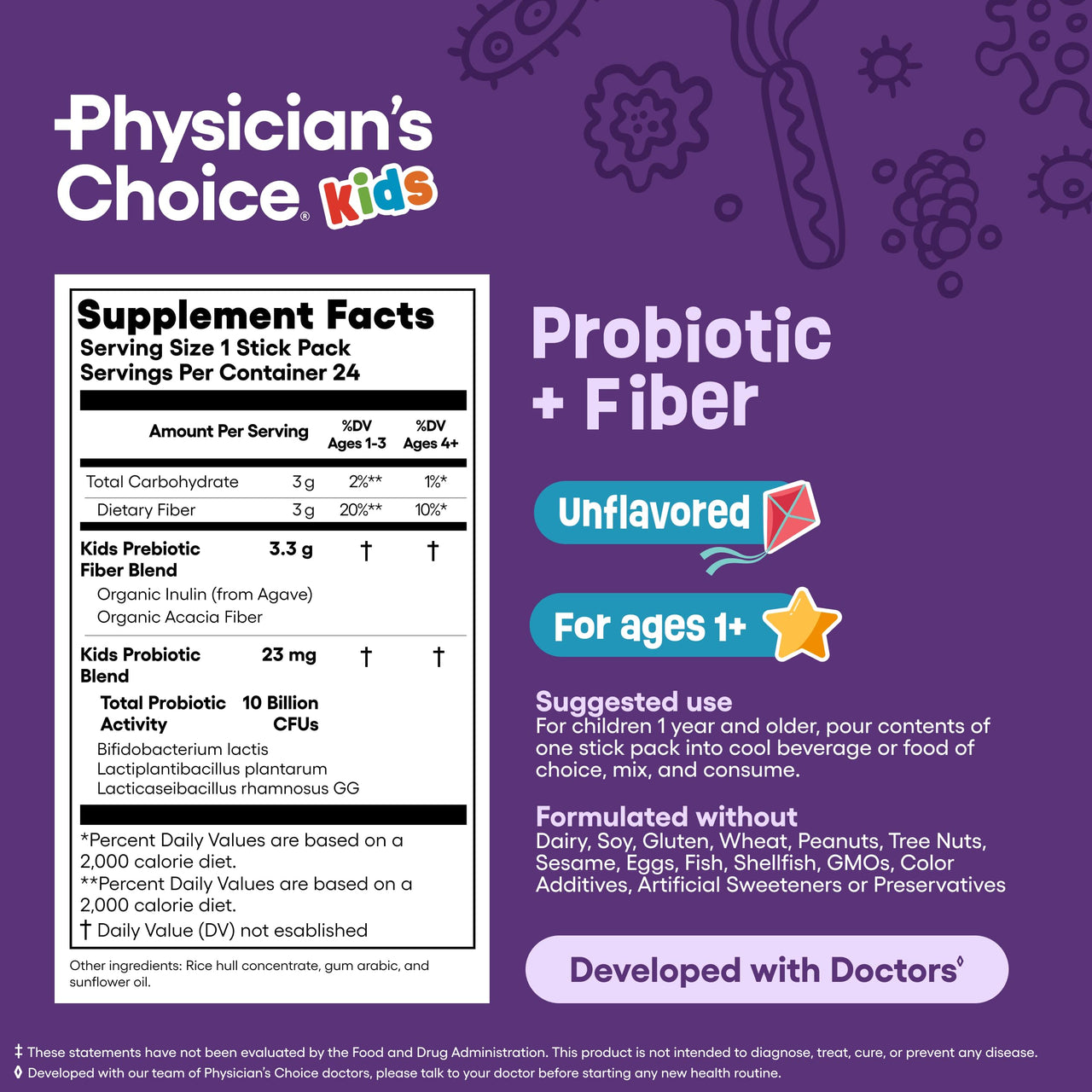 Physician's Choice Kids Probiotic + Prebiotic Fiber Packets (Ages 1+) - Supports Regularity, Occasional Constipation & A Healthy Digestive System - No Allergens or Preservatives - Unflavored - 24 Pack