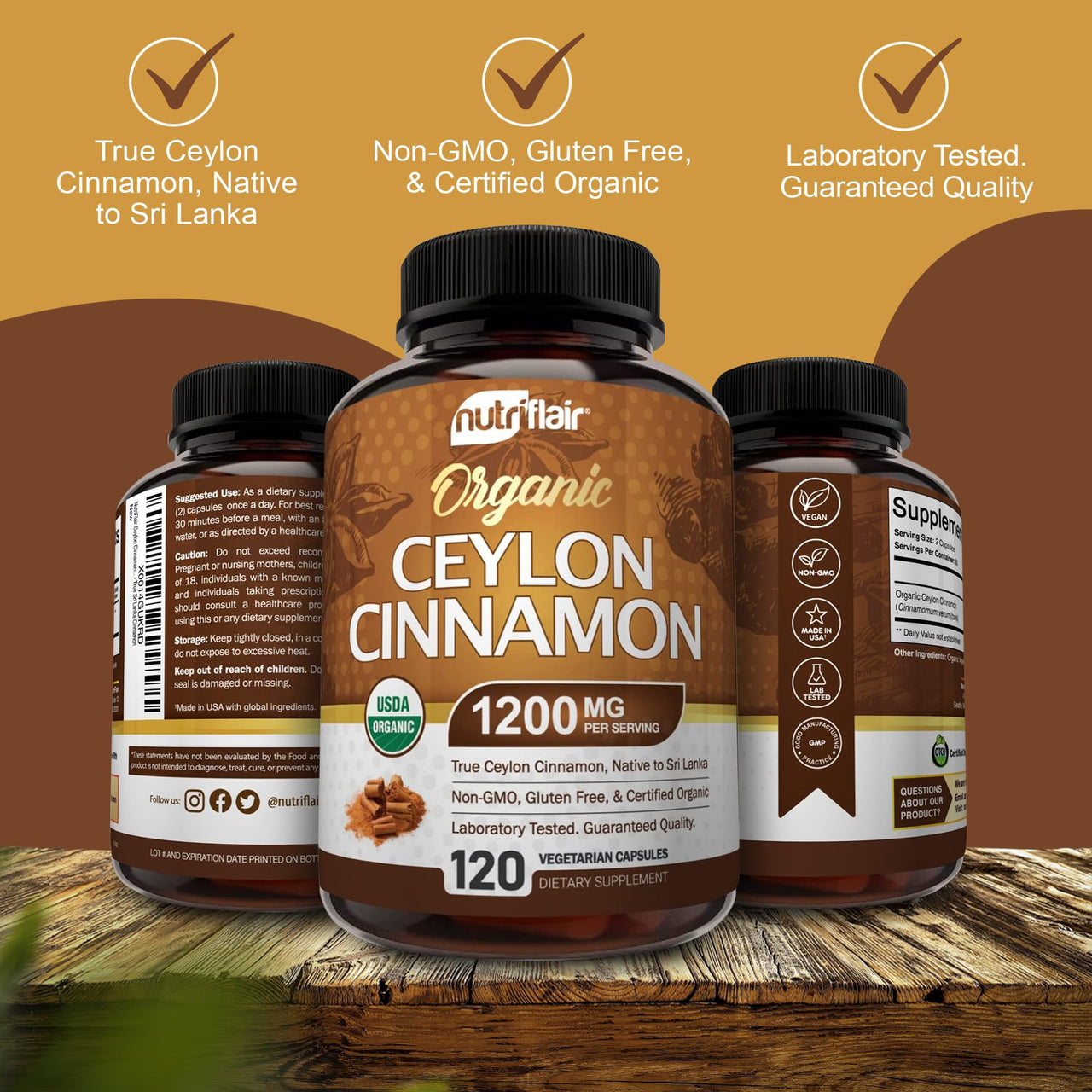 NutriFlair Organic Ceylon Cinnamon Supplement 1200mg, 120 Capsules - USDA Certified - Non-GMO, Gluten Free Powder, Antioxidant Pills