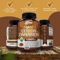 Thumbnail for NutriFlair Organic Ceylon Cinnamon Supplement 1200mg, 120 Capsules - USDA Certified - Non-GMO, Gluten Free Powder, Antioxidant Pills