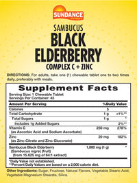 Thumbnail for Sundance Sambucus Black Elderberry Complex | with Vitamin C and Zinc | 45 Chewable Tablets | Berry Flavor | Vegetarian, Non-GMO, and Gluten Free Supplement