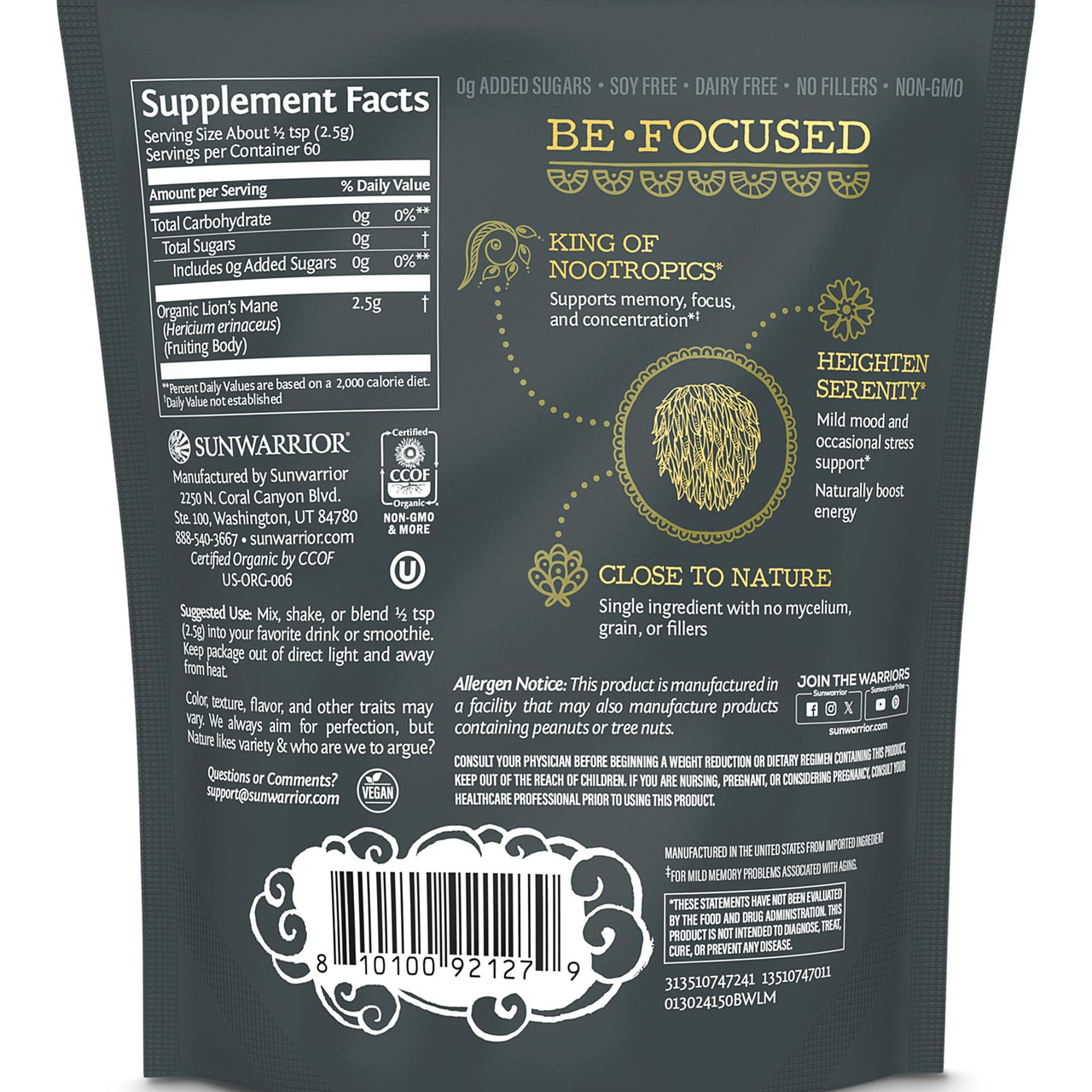 Sunwarrior Lions Mane Supplement Organic Mushroom Powder | Lion's Mane Powder Focus Supplement Mushroom Tea | 150g Pouch 60 Servings | Be Well