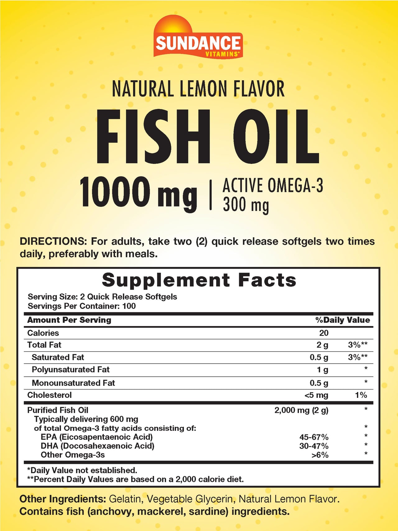 Sundance Fish Oil Softgels 1000mg with Active Omega-3 | 200 Softgels | Natural Lemon Flavor | Non-GMO and Gluten Free Supplement