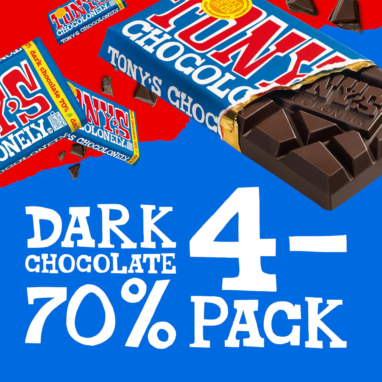 Tony’s Chocolonely Belgian Dark Chocolate, Pure Chocolate Bar for Snacks, Party Favors, Gifts, or Gift Basket, Vegan, 70% Cacao, Made From Quality Fairtrade Cocoa & B Corp Certified 6.35 Oz, 4 Bars