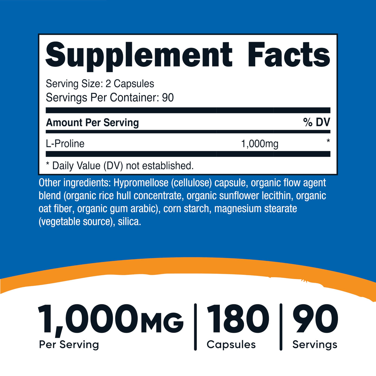 Nutricost L-Proline 1000mg, 180 Capsules (90 Servings) - 500mg Per Cap, Non-GMO, Gluten Free