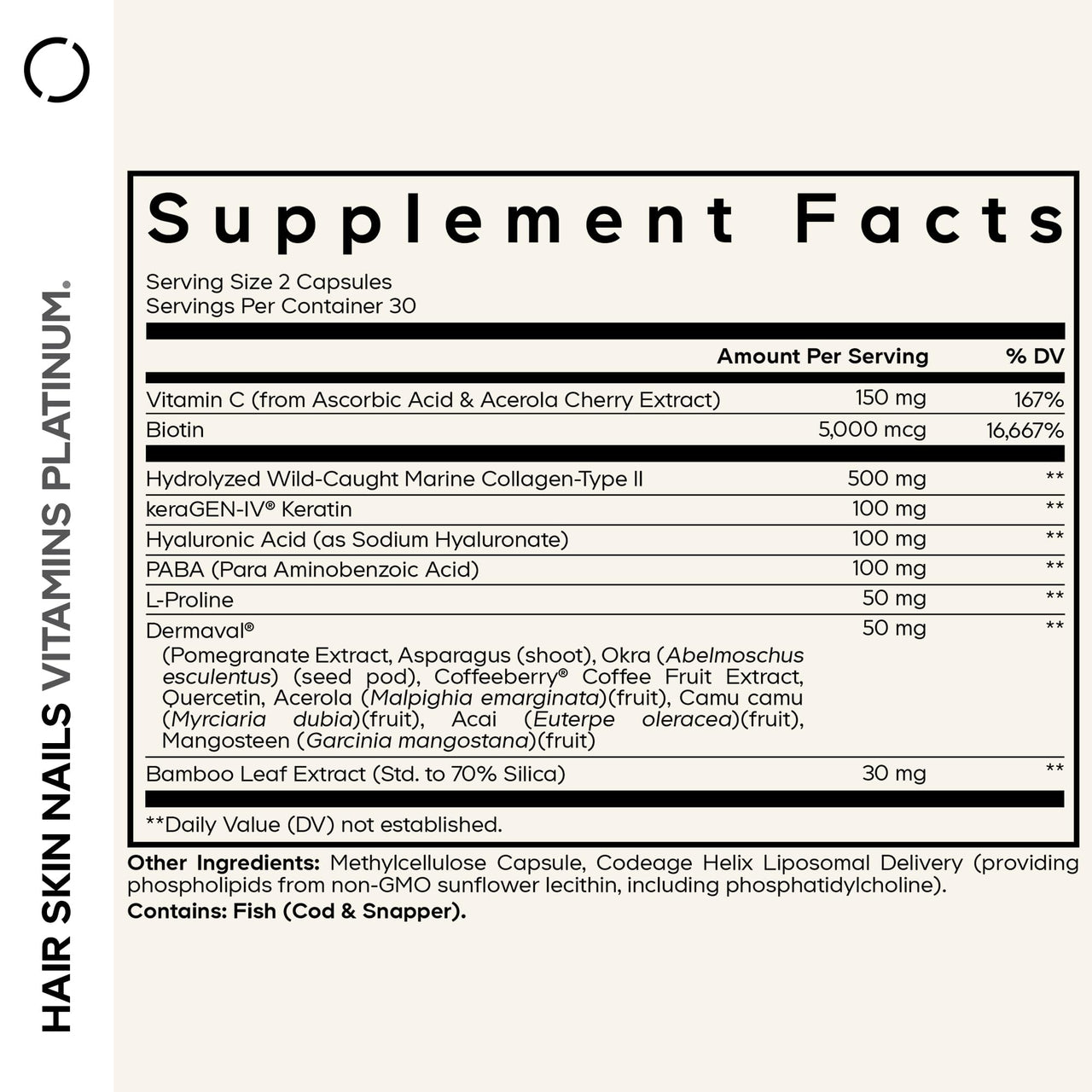 Codeage Hair Skin Nails Vitamins Platinum - KeraGEN-IV Keratin, Dermaval - Hair Fall, Skin Elasticity & Moisture Support - Biotin 5000, Collagen, Vitamin C, Coffeeberry, PABA Supplement - 60 Capsules