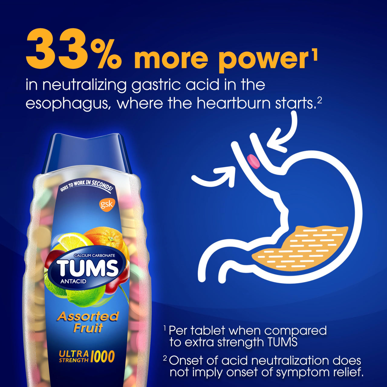 TUMS Ultra Strength Antacid Tablets for Chewable Heartburn Relief and Acid Indigestion Relief, Assorted Fruit - 72 Count