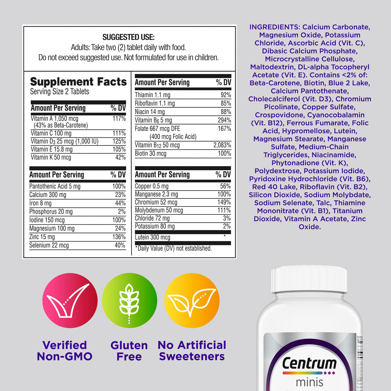 Centrum Minis Silver Women's Multivitamin for Women 50 Plus, Multimineral Supplement with Vitamin D3, B Vitamins, Non-GMO Ingredients, Supports Memory and Cognition in Older Adults - 280 Ct