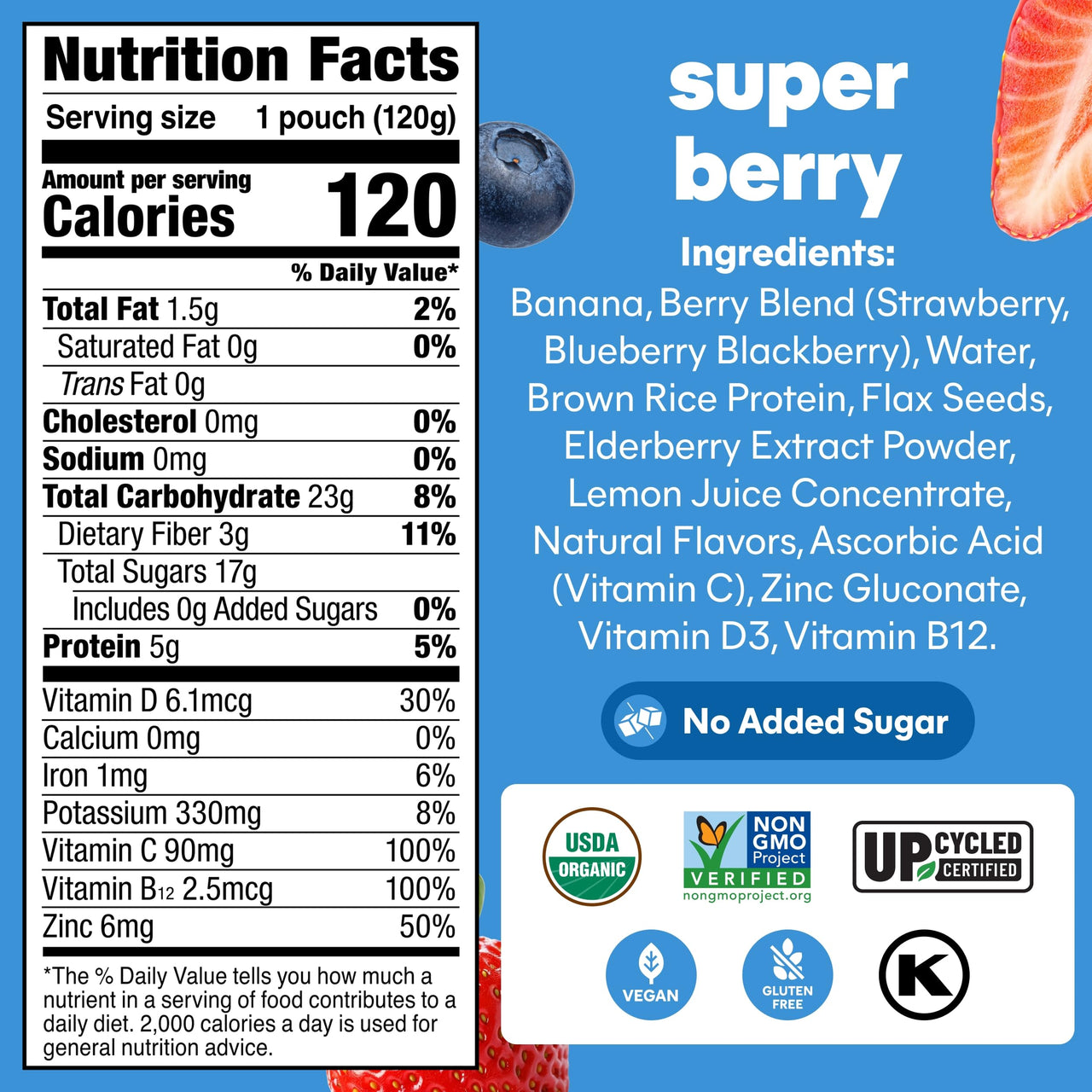 Noka Organic Superfood Smoothie Pouches – Super Berry – Immune Support with Elderberry, Vitamin C & Plant Protein, Organic Healthy Snacks for Kids & Adults, 4.22oz (6 Pack)