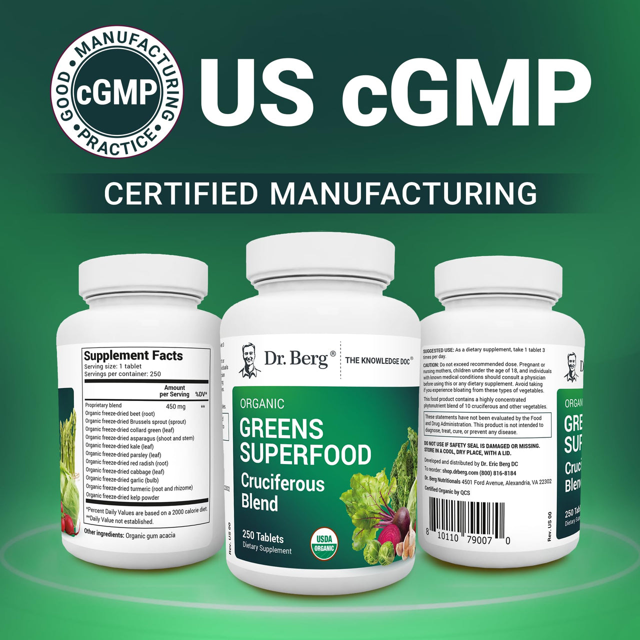 Dr. Berg's Greens Superfood Cruciferous Vegetable Tablets - Vegetable Supplements for Adults w/ 11 Phytonutrient Super Greens Tablets - Energy, Immune System & Liver Veggie Tablets - 250 Tablets