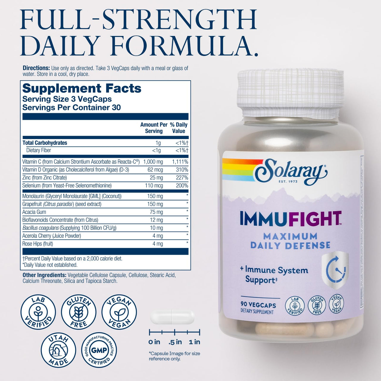 SOLARAY Immufight Maximum Daily Defense, All Day Immune Support, Vitamin C, Vitamin D, Zinc, Probiotics, Monolaurin, Acerola & More, Vegan & Gluten Free, 60 Day Guarantee, 30 Servings, 90 VegCaps