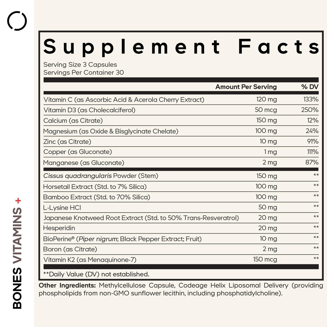 Codeage Bones Vitamins+ - Vitamin D3 & K2, Vitamin C, Calcium, Magnesium, Zinc, Hesperidin, L-Lysine, Manganese, Bamboo, Horsetail, Cissus, Boron, Trans-Resveratrol, Non-GMO Supplement - 90 Capsules